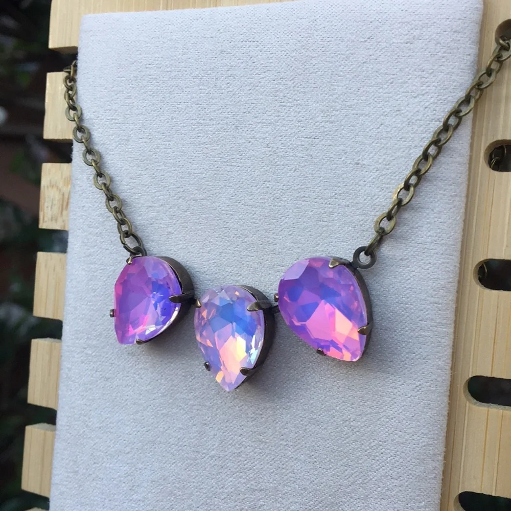 Purple + Pink Opal Aurora Borealis Antique Brass Pear Crystal Necklace